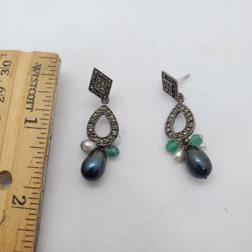 Sterling Silver, Marcasite and Pearl Drop Earrings 925
